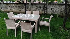 CAPİSSİ Raddan Camlı 90X150 Masa 6 Adet Sandalye Masa Takımı Bahçe Balkon Teras Masa Seti